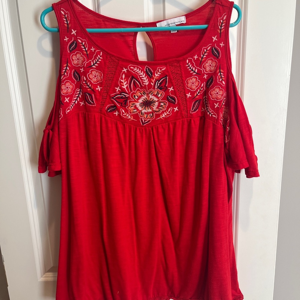 Vibrant Red Embroidered Women's Top 1X